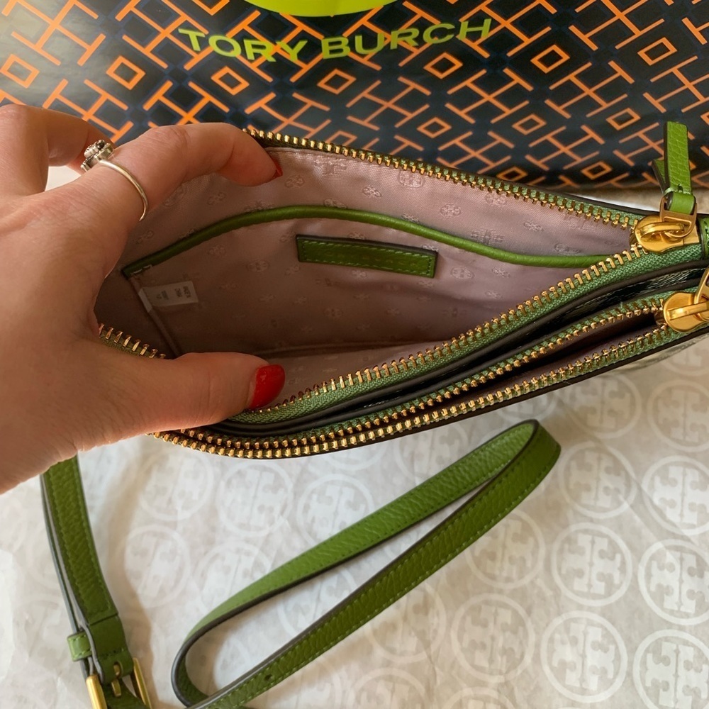 Tory Burch Blake Printed Double Zip Slim Crossbody Springham Green gingham - Picture 10 of 12